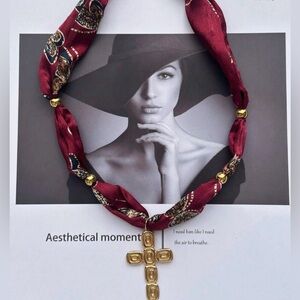 Elegant Red Scarf Necklace with Gold Accents